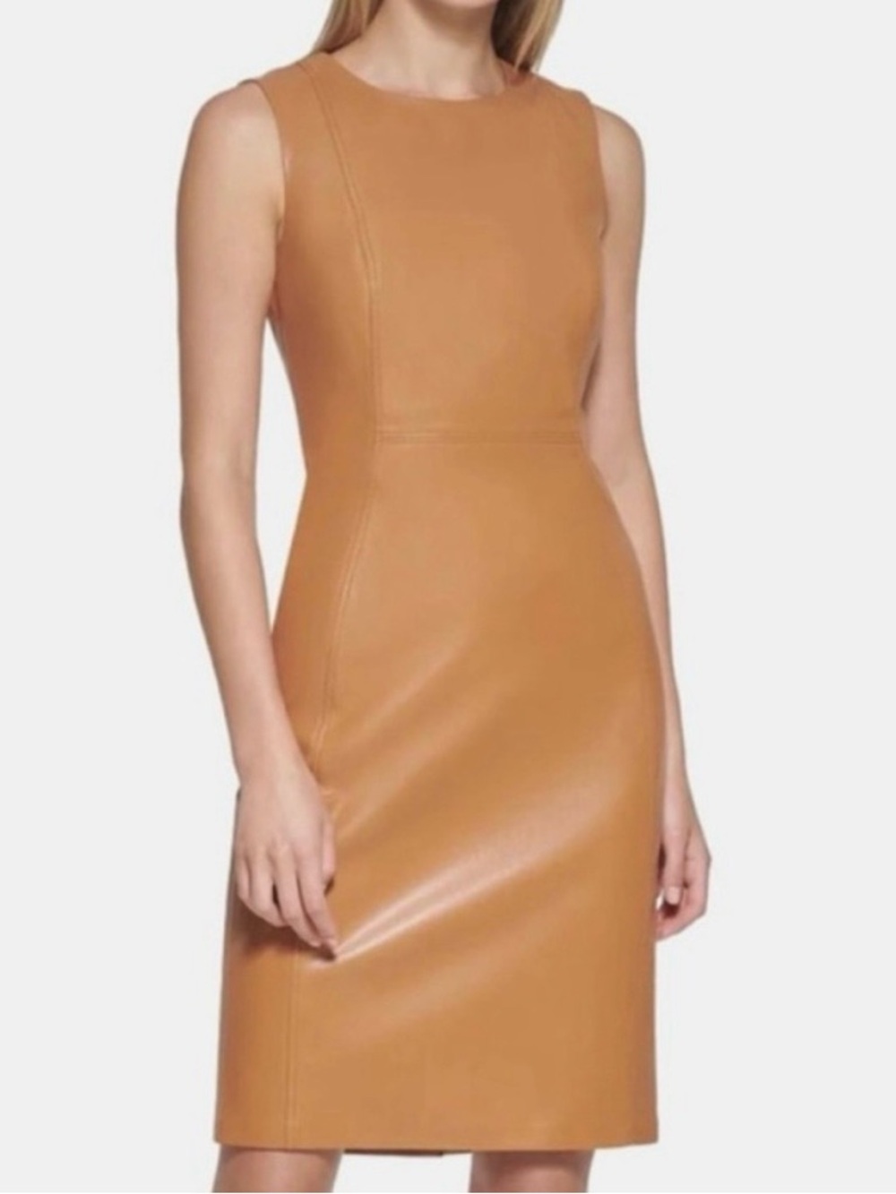 Calvin Klein Faux Leather Sheath Dress Tan Caramel Sleeveless Midi Size 6 NWOT